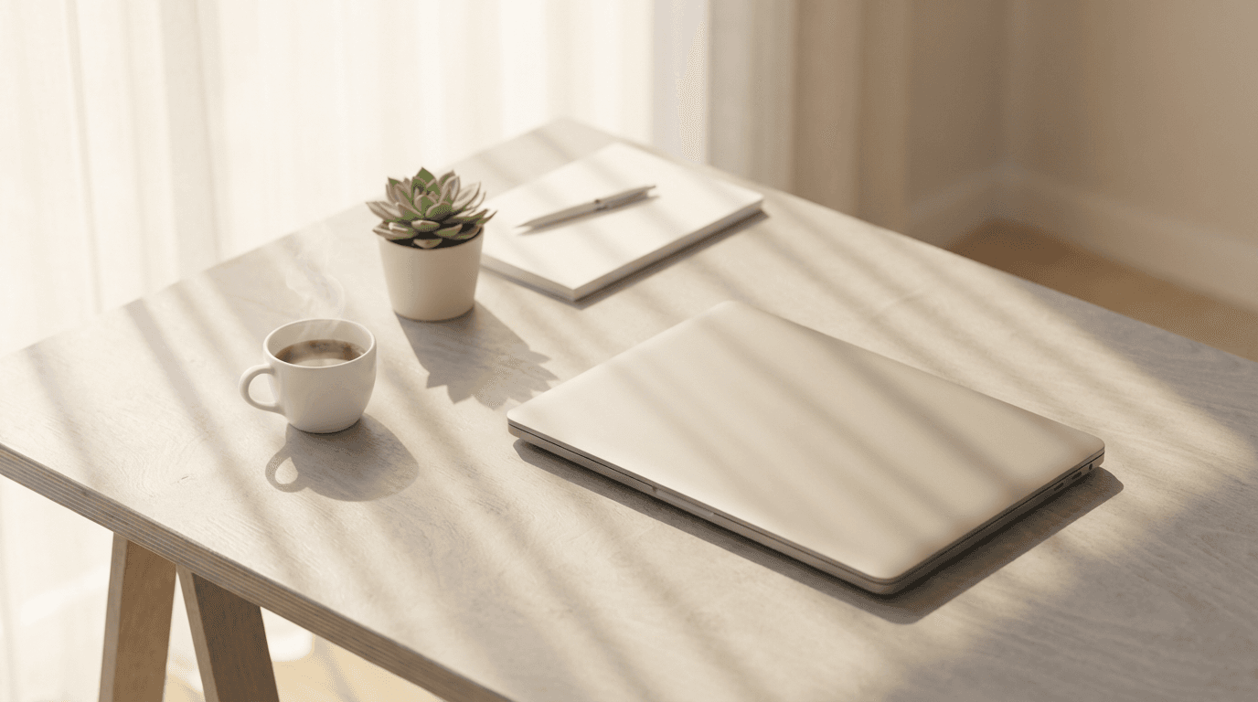 Woman holding the Twister Handheld Fan at a modern minimalist desk with natural lighting