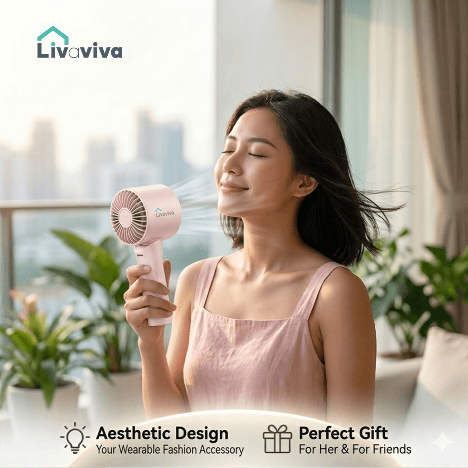 Woman with closed eyes enjoying a cool breeze from a pink handheld portable fan.